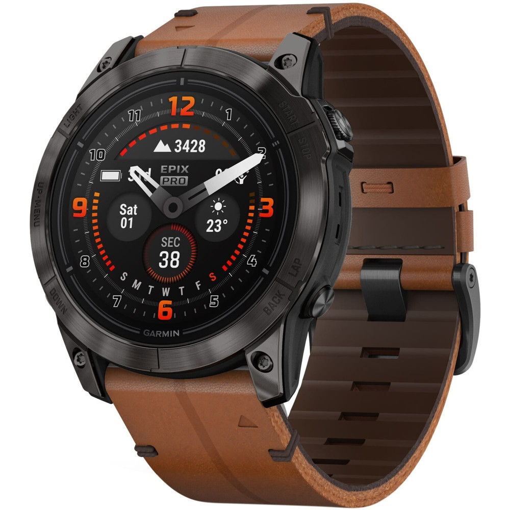 Garmin Epix Pro Gen 2 Sapphire Edition 51 Carbon Gray DLC Titanium Chestnut Leather Band