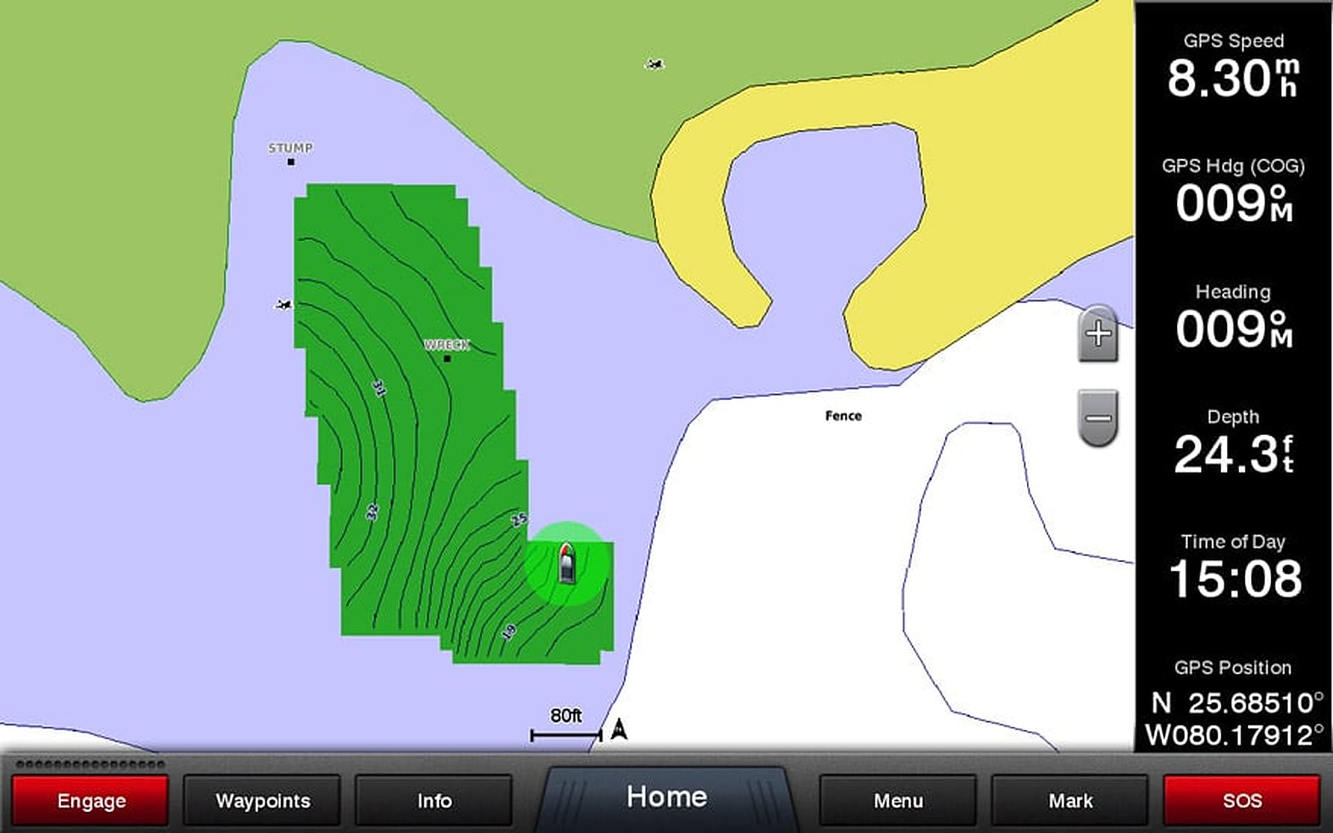 Карта глубин Quickdraw Contours на экране эхолота