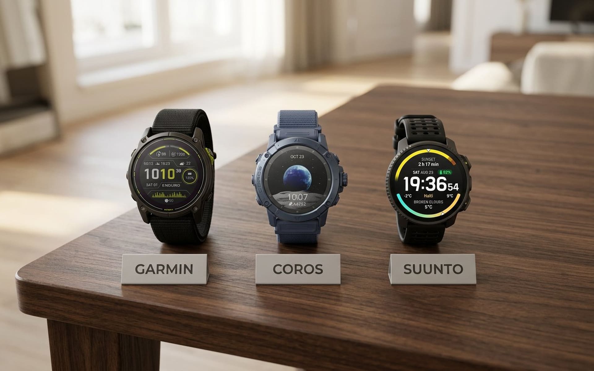 Спортивные часы Garmin, Coros и Suunto рядом