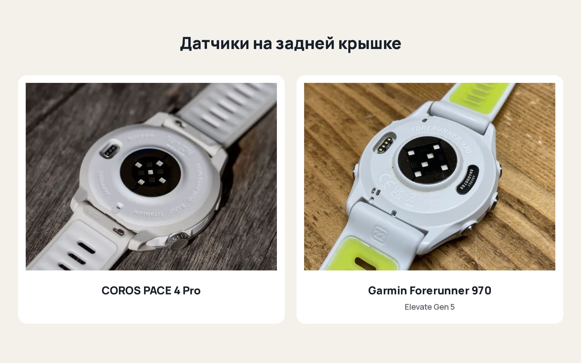 Датчики пульса на задней крышке Coros Pace 4 Pro и Garmin Forerunner 970